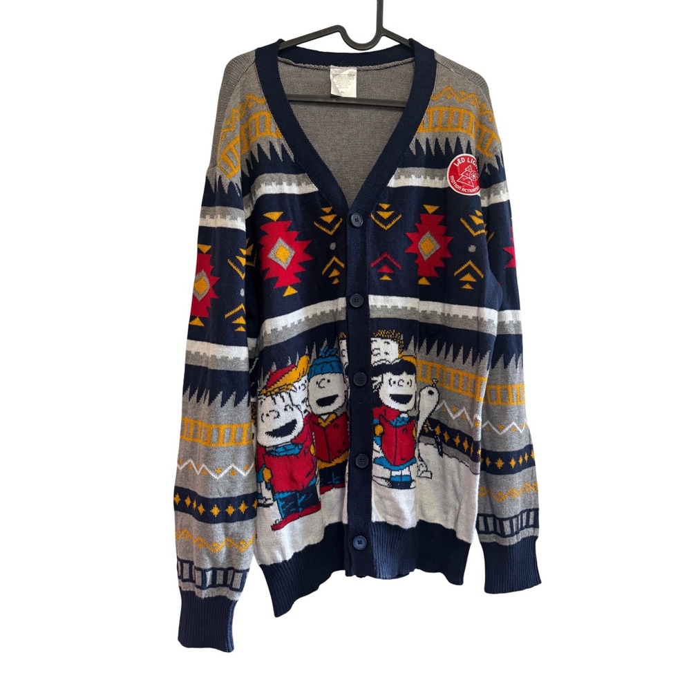 Peanuts Charlie Brown Christmas‎ Cardigan Sweater Mens XL Navy Grey